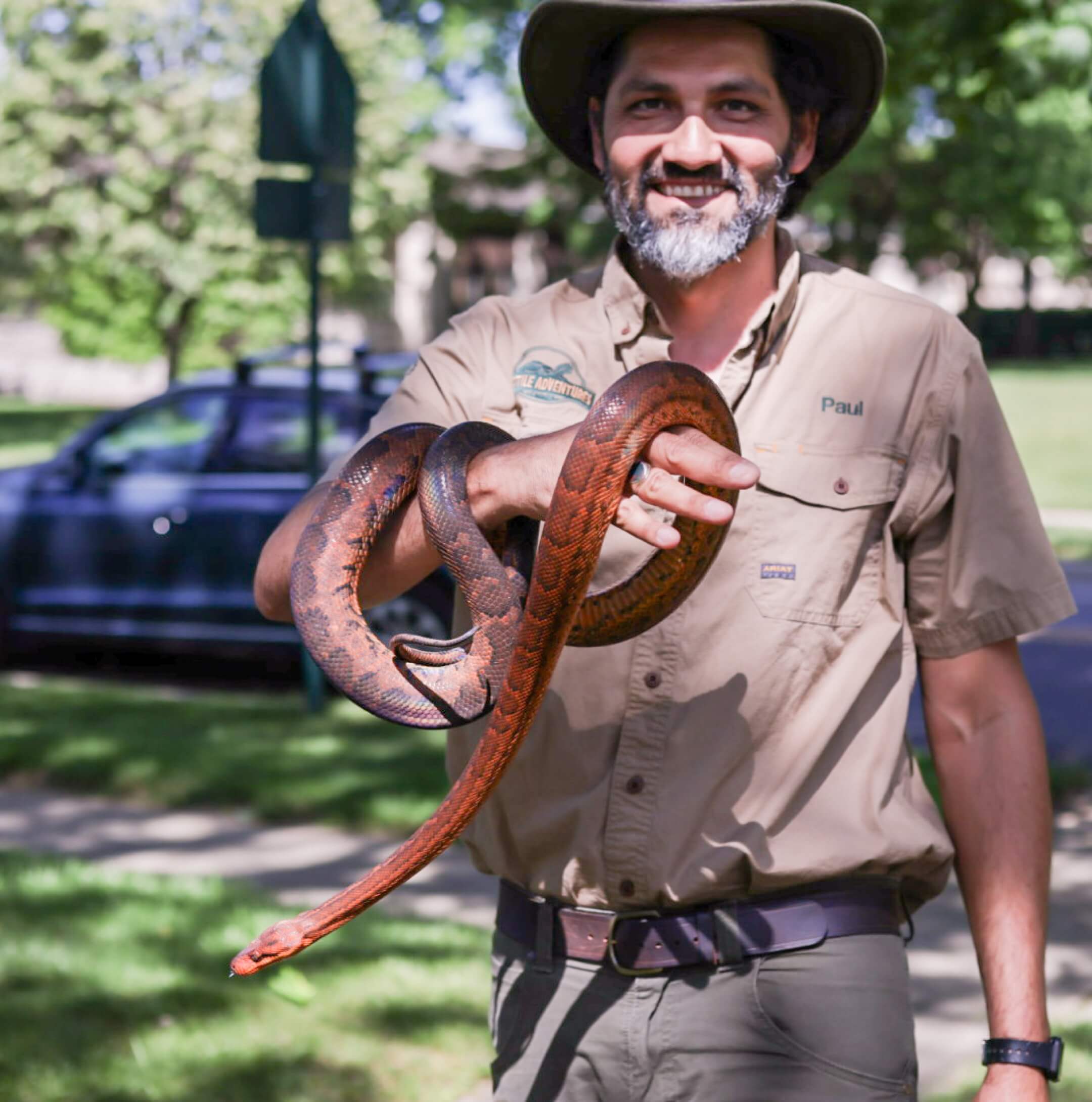 Paul Hernandez holding a snake at a live show